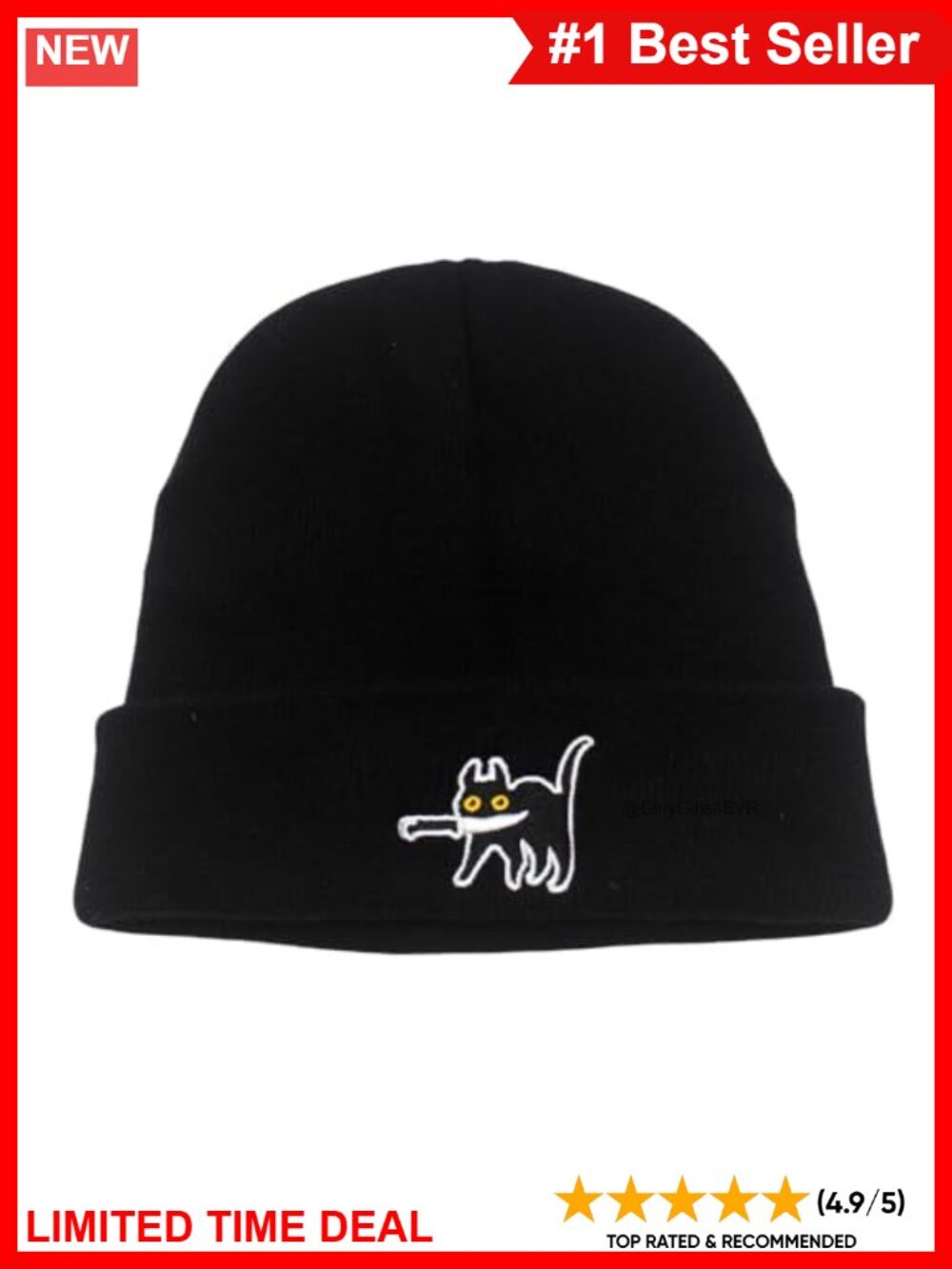 Cat with Knife Embroidered Knit Beanie Hat One Size